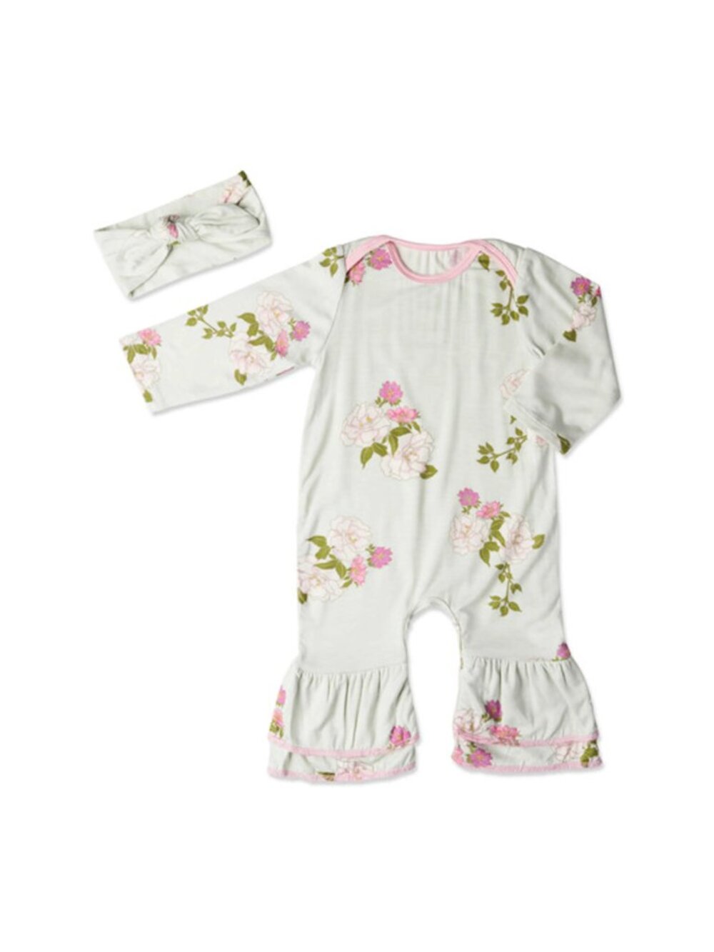 3-6M Baby Grey by Everly Grey Peony Print Jersey Ruffle Romper & Headband Set